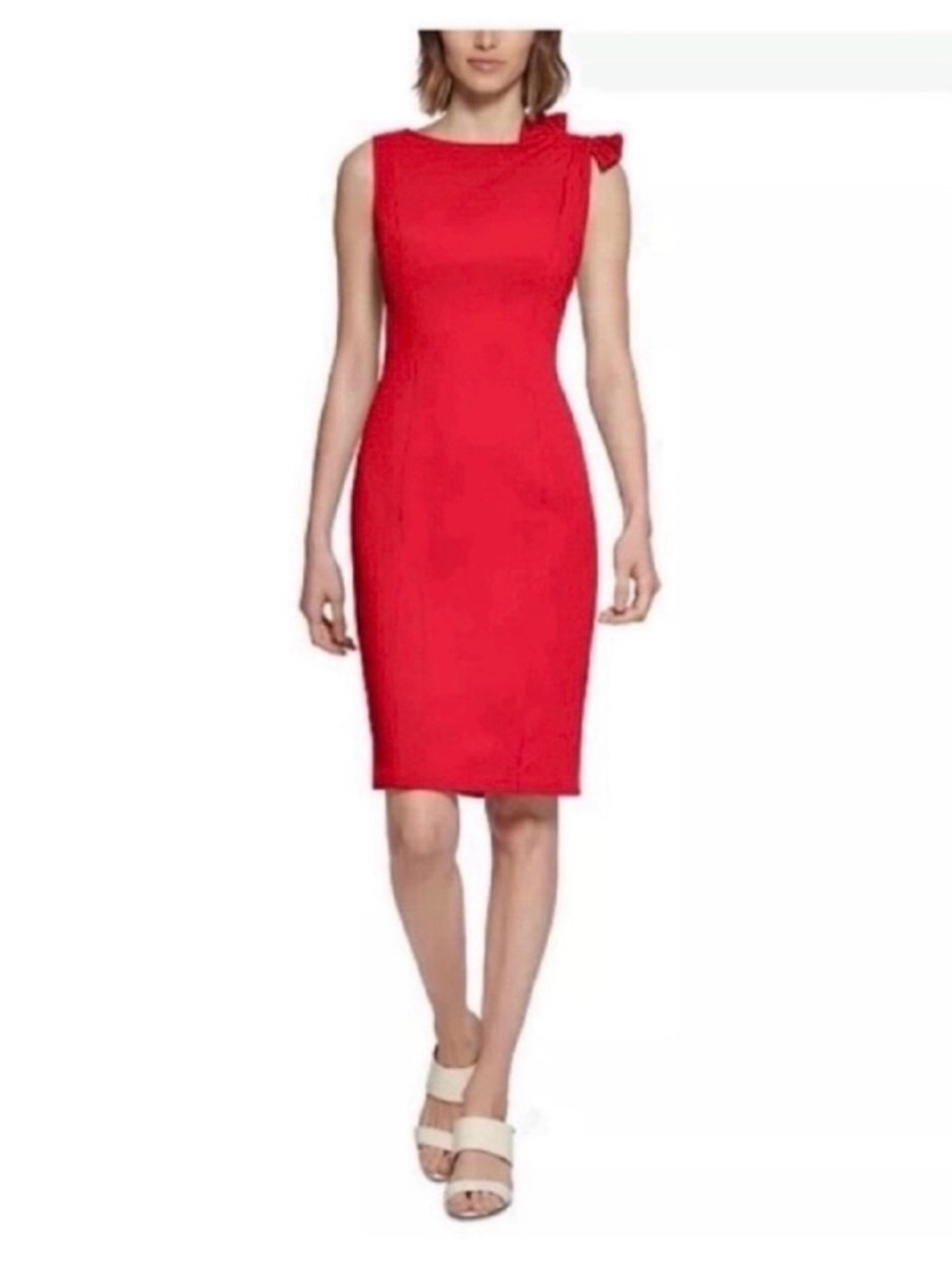 ❤️ NWT! Red CALVIN KLEIN Bow-Trim Boatneck Sheath Dress - Size 14